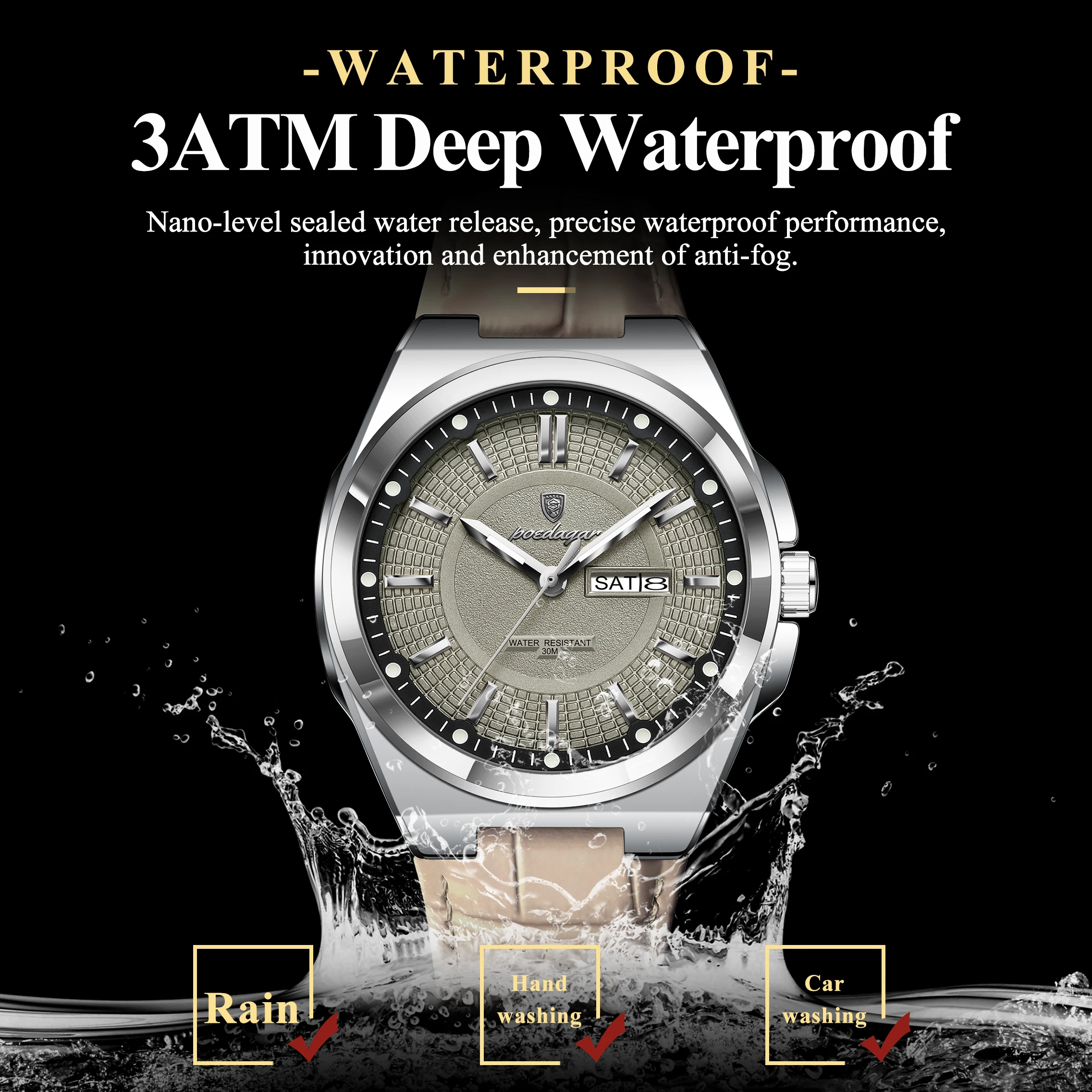 Reloj de Pulsera Masculino POEDAGAR de Moda, Resistente al Agua, Luminoso, con Fecha y Día de la Semana, Reloj de Cuarzo con Correa de Cuero para Hombre, Reloj Hombre