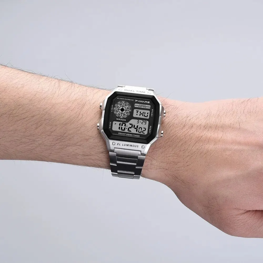 PANARS-reloj deportivo de lujo para hombre, cronógrafo Digital con correa de acero inoxidable, resistente al agua, con luz trasera y alarma