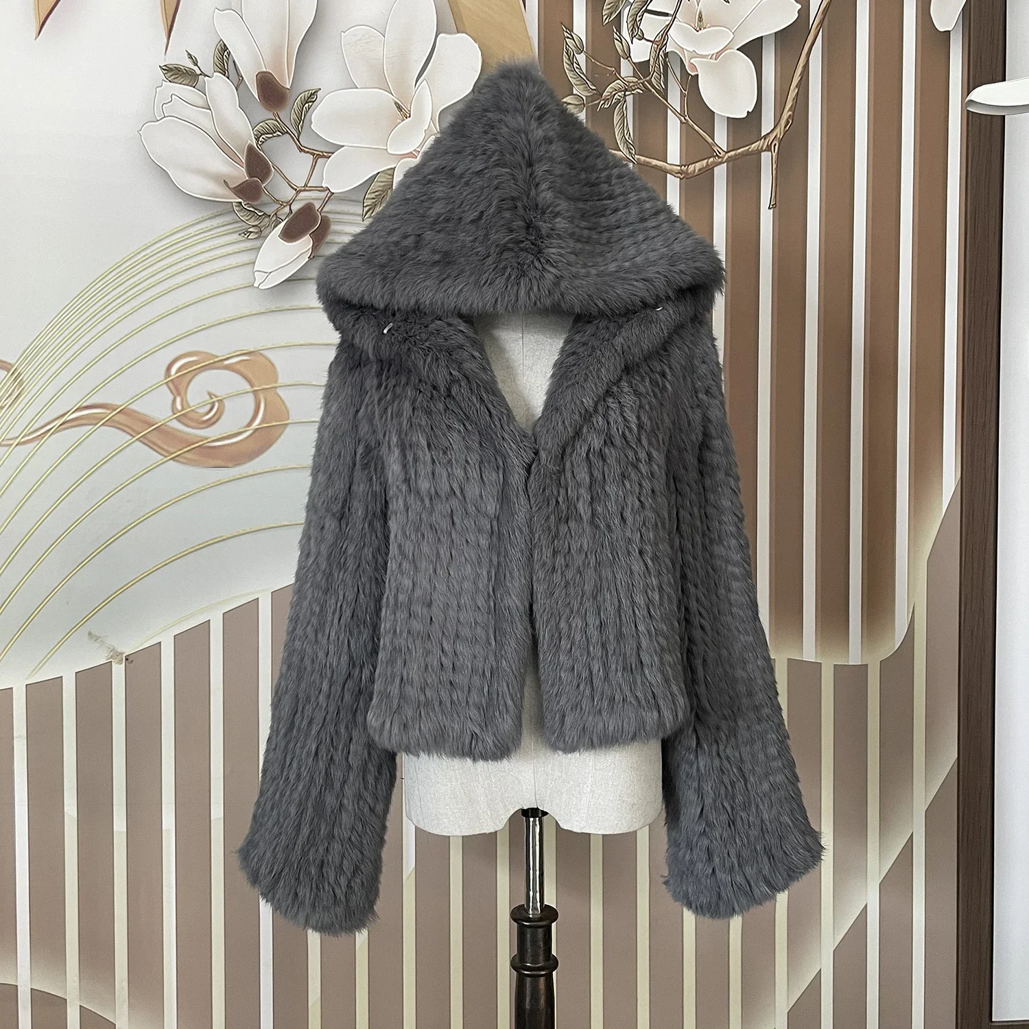 Abrigo con capucha de piel de conejo auténtica para mujer, chaqueta de piel auténtica holgada informal de manga larga con capucha, prendas de vestir de piel Natural para mujer