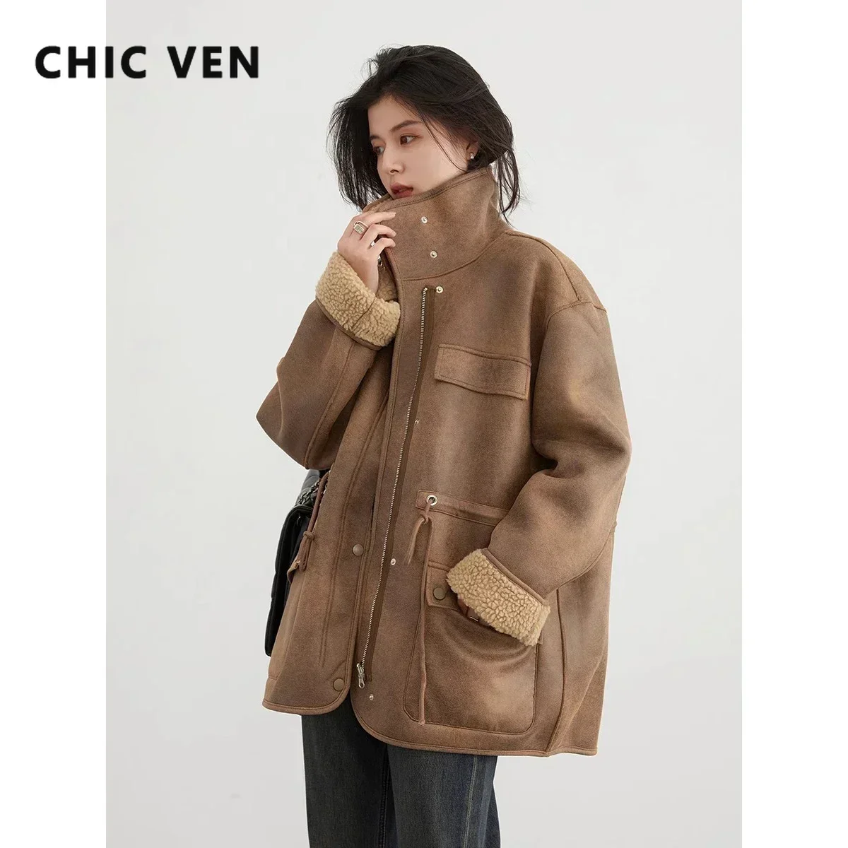 Chaquetas CHIC VEN para mujer, chaqueta Reversible de gamuza Lisa gruesa y cálida, abrigo exterior para motocicleta, abrigo holgado para mujer para invierno y otoño 2023