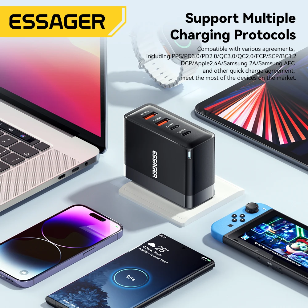 Essager 100W US/KR enchufe USB tipo C cargador GaN para ordenador portátil Macbook PD carga rápida para iPhone 16 15 14Pro Samsung adaptador de carga
