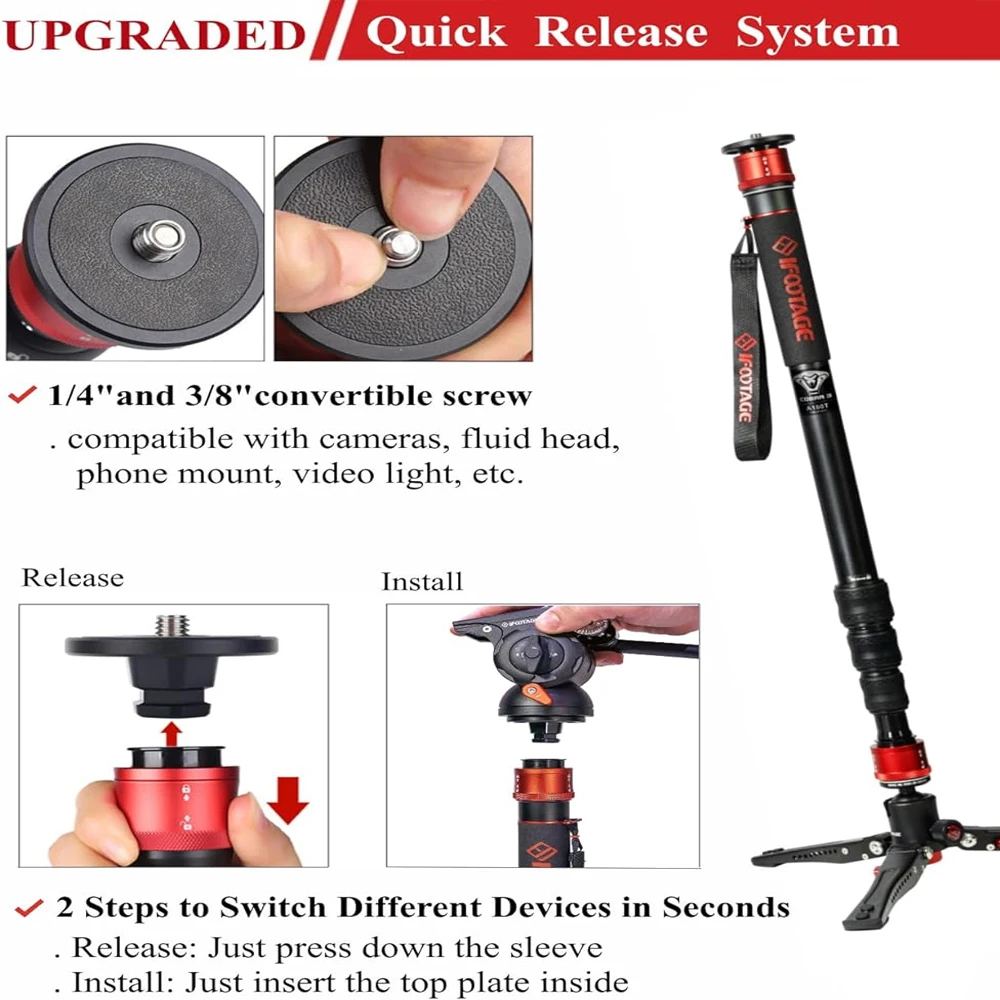 IFOOTAGE Cobra 3 A180T, monopié de cámara, monopié de vídeo profesional de aluminio con base de trípode, adecuado para cámaras SLR y videocámaras