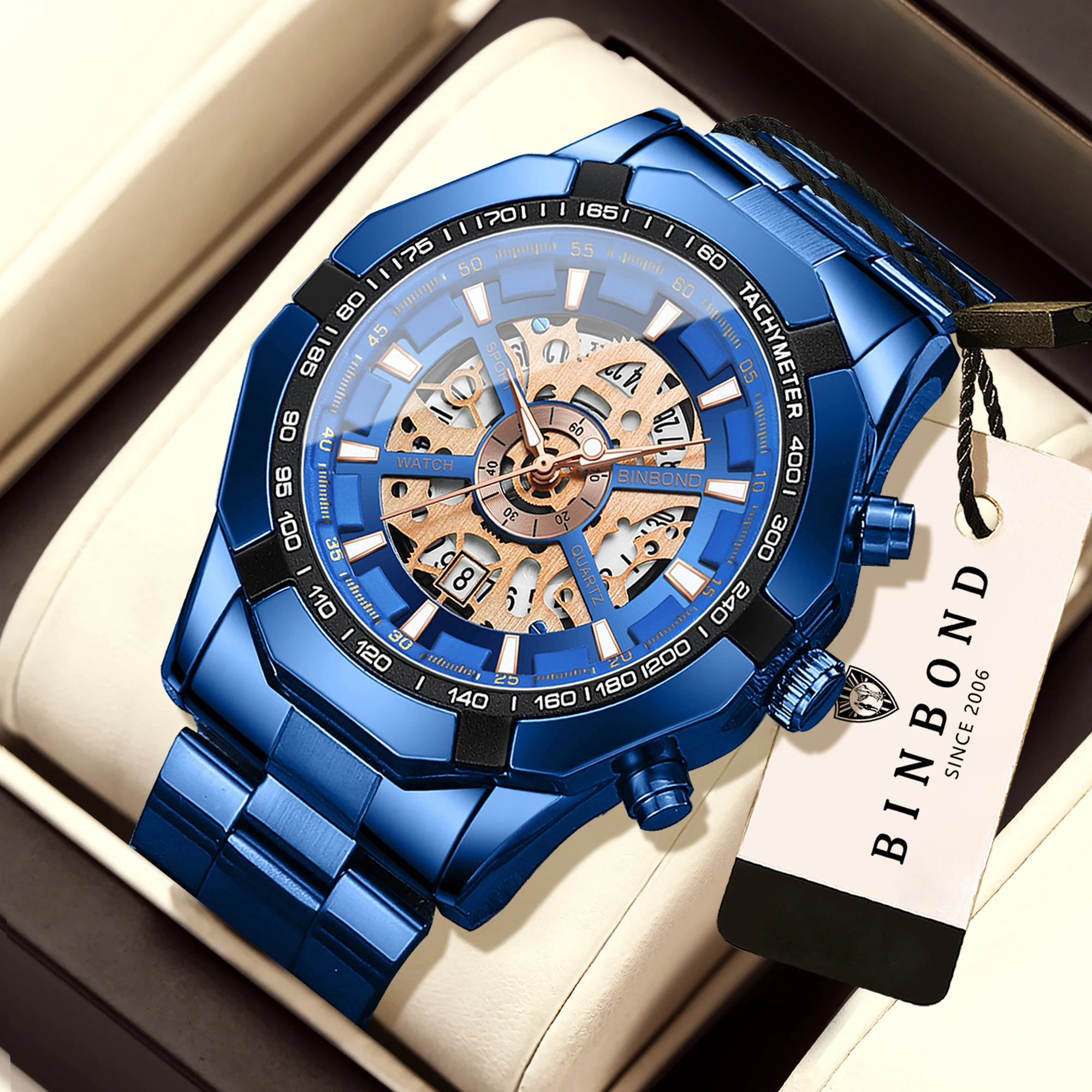 Reloj de Pulsera de Cuarzo BINBOND de Lujo con Diseño Hueco para Hombre, Luminoso, Resistente al Agua, Reloj Deportivo y de Negocios, Reloj para Hombre