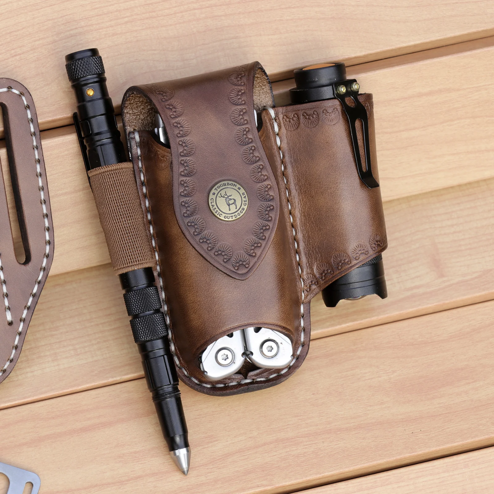 Tourbon-funda multiherramienta de bolsillo EDC De cuero resistente, cinturón con Clip, bolsa de herramientas EDC sólida, marrón