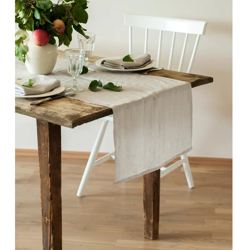 Camino de mesa de lavado de piedra 100% de lino francés, camino de mesa de té de Color puro personalizado de lujo, accesorios de decoración de mesa de comedor occidental