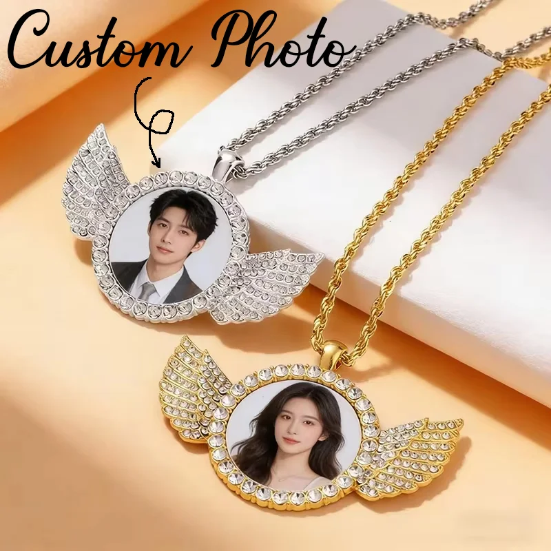 Collar Redondo con Alas de Ángel y Foto Personalizada, Colgante con Imagen Personalizada y Cadena Tennis, Joyería Conmemorativa Unisex para Hombres y Mujeres