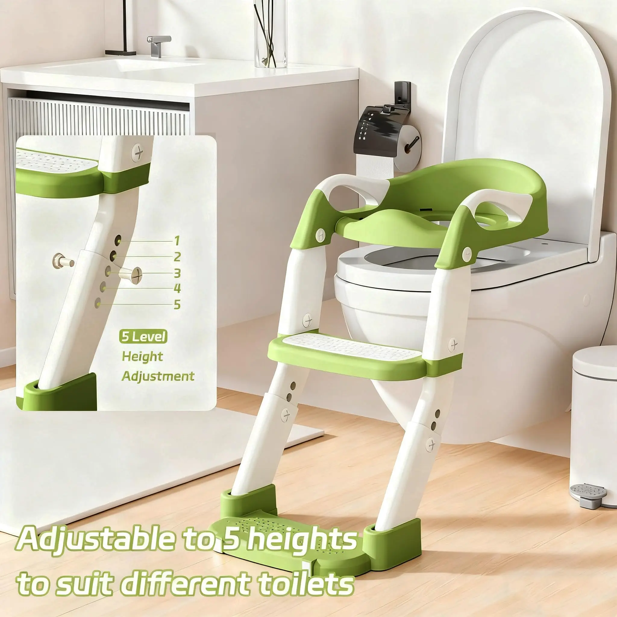 Asiento de inodoro 2 en 1 para niños pequeños con escalera – Asiento de entrenamiento para ir al baño ajustable con escalones y almohadillas antideslizantes, plegable para niños y niñas, entrenador de inodoro para baño (Gris Verde Morado)