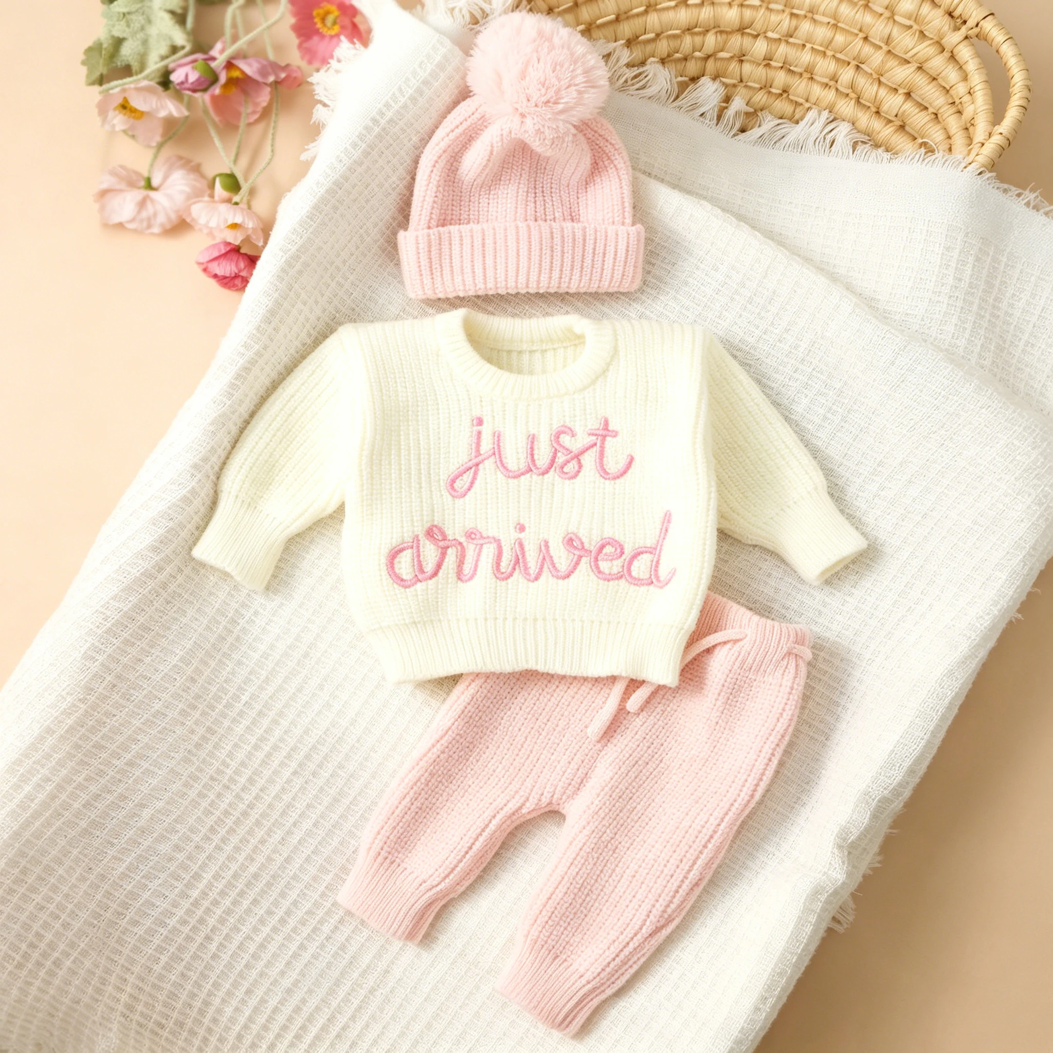 Ylsteed - Conjunto de 3 Piezas de Ropa de Punto para Fotografía de Recién Nacidos, Bordado 'Just Arrived', Color Caqui, Suéter para Bebé, Regalo para Baby Shower