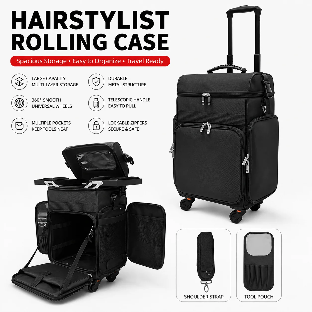 Maleta Profesional con Ruedas para Peluquería/Barbería - Organizador Multifuncional con Asa, Lona, Trolley para Maquillaje