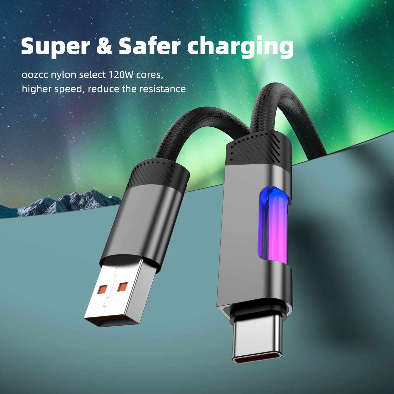 Cable de carga rápida RGB 120W 6A Cable de carga USB tipo C con luz ambiental RGB
