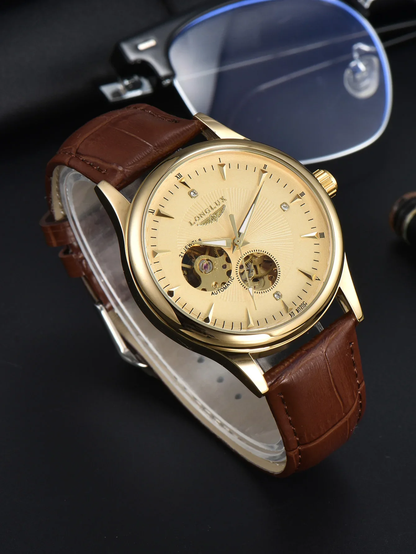 Reloj Automático LONGLUX, Estilo Elegante, Relojes de Pulsera Mecánicos al por Mayor, Esqueleto Romano, Resistente al Agua, Reloj para Hombre, Regalo para Hombre