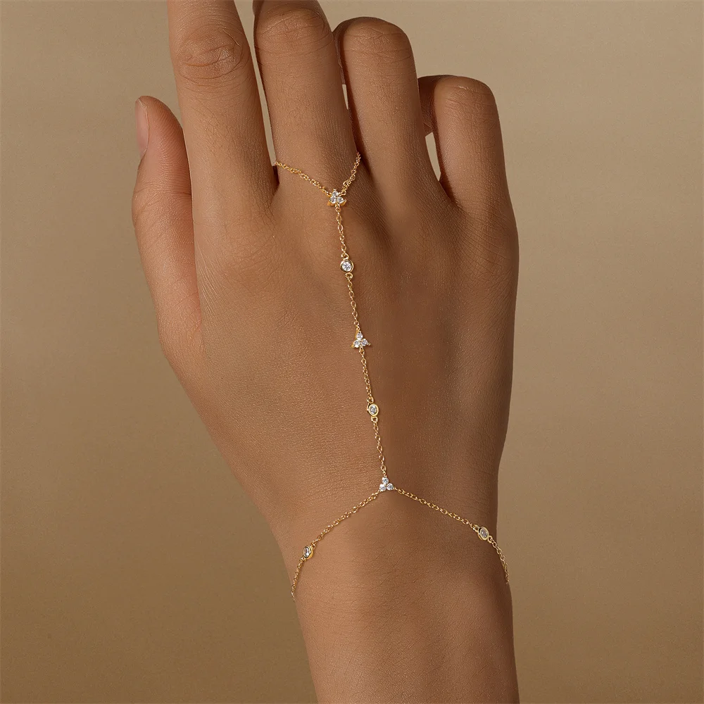 CANNER Pulsera de Cadena con Anillo de Dedo de Plata de Ley 925 con Flor y Trébol de Circonita para Mujer, Cadena de Mano Estilo Ins, Joyería Ojo de Caballo, Regalo para Fiesta