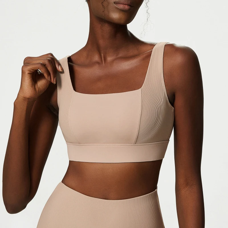 Sujetador de Yoga con cuello cuadrado para mujer, ropa interior deportiva ajustable con espalda Sexy de Color sólido, Top corto transpirable para gimnasio y correr, ropa deportiva