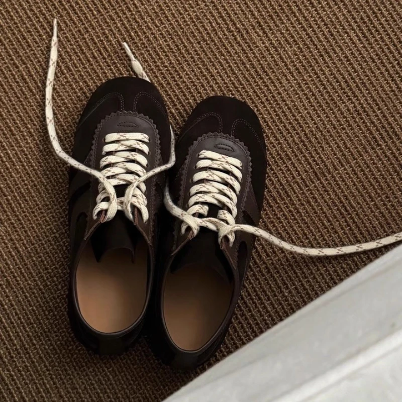 Zapatos Deportivos para Mujer, Estilo Retro Británico 2026, Zapatos de Entrenamiento de Cuero Genuino, Planos con Cordones, Zapatos Deportivos Casuales de Diseño Retro para Correr