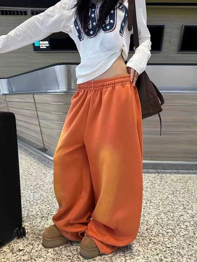 NUOMICI, pantalones vaqueros para mujer, naranja, cintura media baja, lavados, Retro, pierna ancha, sueltos, deportivos, Kpop, Hip-hop, pantalones de calle, pantalones de moda para mujer