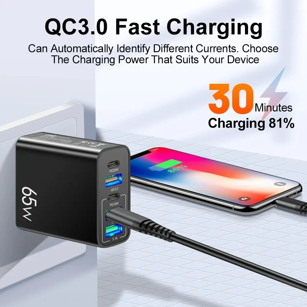 Cargador USB C de 65W y 5 puertos, cargador de teléfono de carga rápida, adaptador de corriente para iPhone, Samsung, Xiaomi, tipo C, cargador de pared de carga rápida