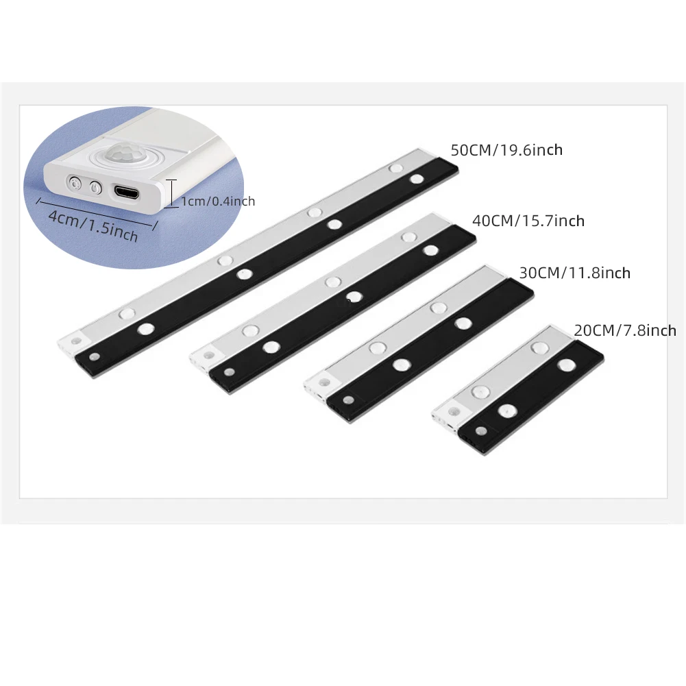 Luz LED blanca/negra para armario, luz LED con Sensor de movimiento recargable por USB para iluminación de armario de cocina, 20CM/30CM/40CM/50CM
