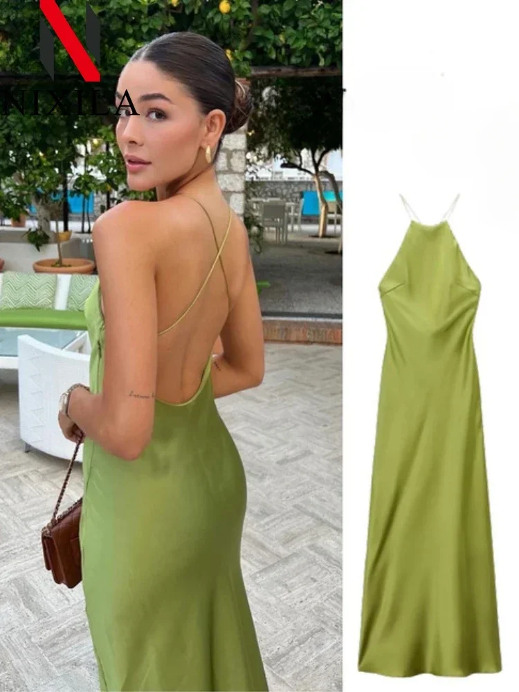 Primavera Verano mujer sin mangas Maxi vestido satén sensación estilo americano europeo Sexy banquete vestido de noche ropa