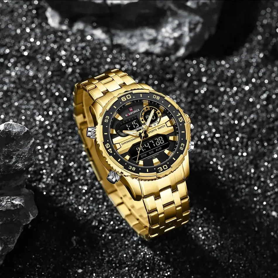 NAVIFORCE marca de moda reloj de oro negro para hombre relojes de pulsera de cuarzo de lujo a la moda correa deportiva de acero inoxidable resistente al agua NF9234