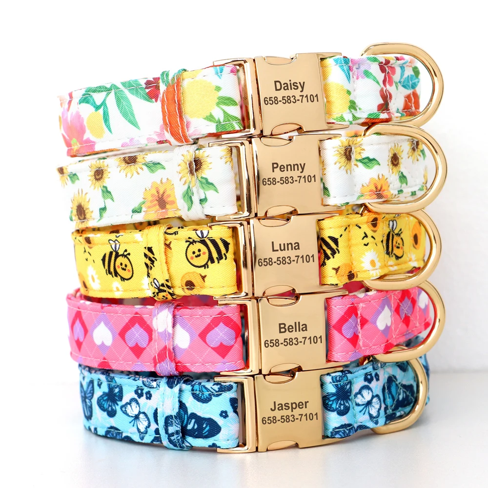 Collar de perro de nailon personalizado, collares para cachorros con estampado de abeja y flores, collares de identificación para mascotas personalizados gratis para perros pequeños y grandes Chihuahua
