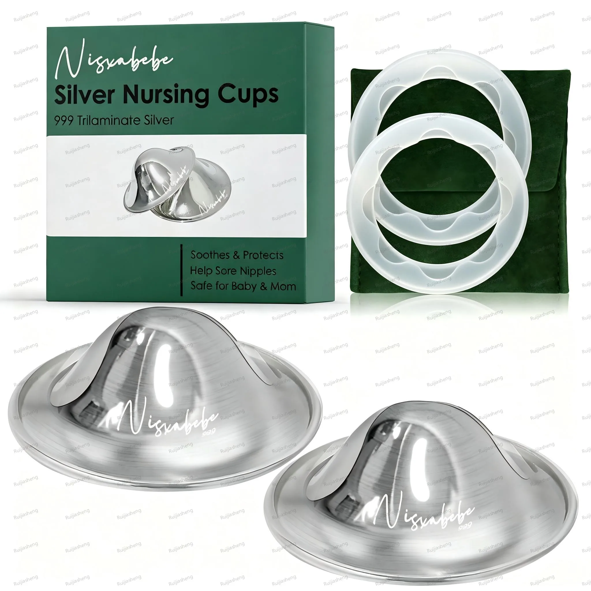 Las Copas de Lactancia Plateadas Originales, 2 Protectores de Pezones Plateados Trilaminados con 2 Anillos de Silicona para Lactancia