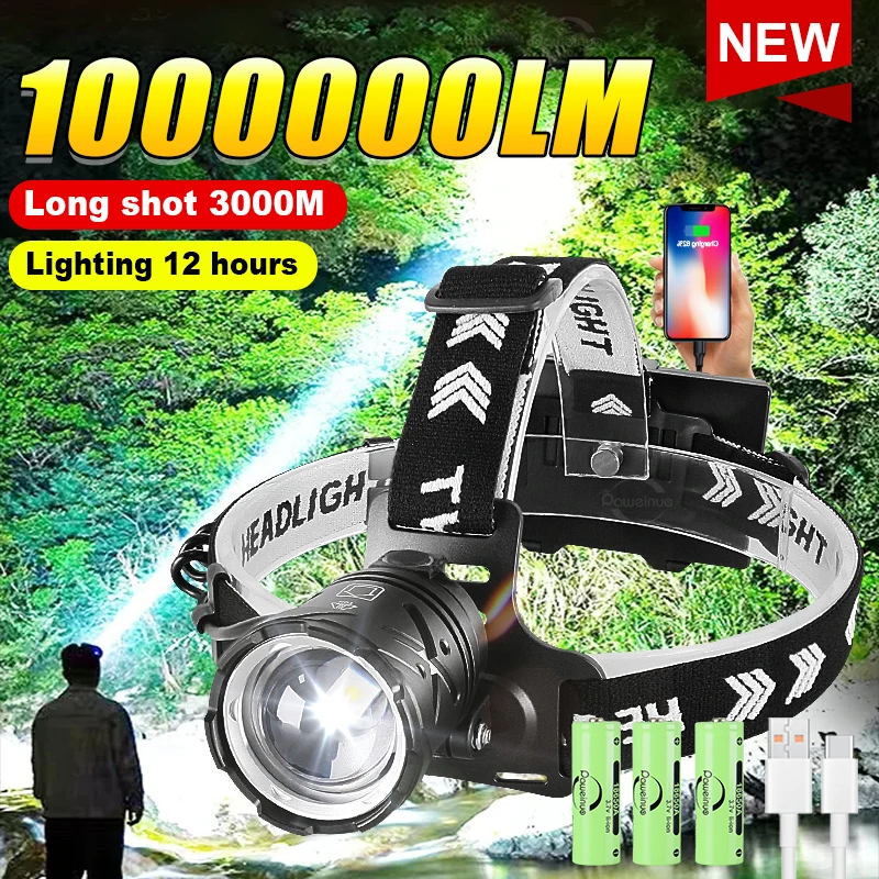 1000000 LM-linterna frontal más potente 18650, linterna LED recargable de alta potencia para cabeza de pesca, luz frontal profesional