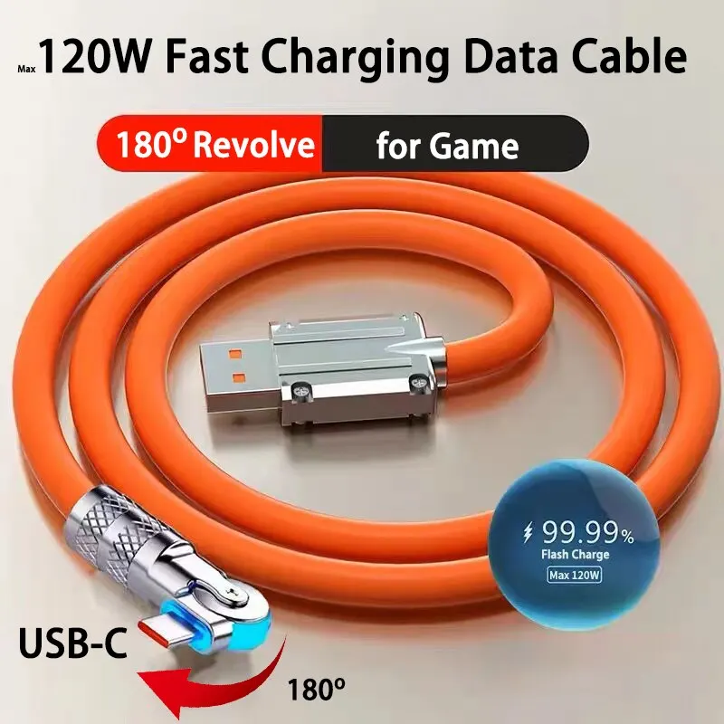 Cable USB tipo C de carga rápida de 120W 7A Cable de codo de rotación de 180 grados para juegos para Xiaomi Redmi Honor cargador de teléfono Cable USB C