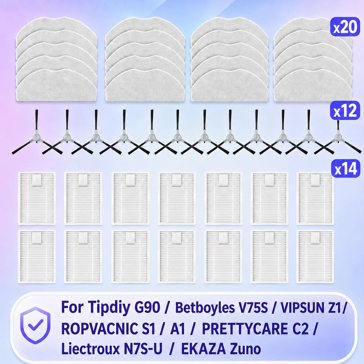 Compatible con (ROPVACNIC S1 / A1, PRETTYCARE C2, Tipdiy G90, EKAZA Zuno, Liectroux N7S-U, Betboyles V75S, VIPSUN Z1) Piezas de aspiradora: Paño de limpieza, Cepillo lateral, Filtro HEPA, Accesorios