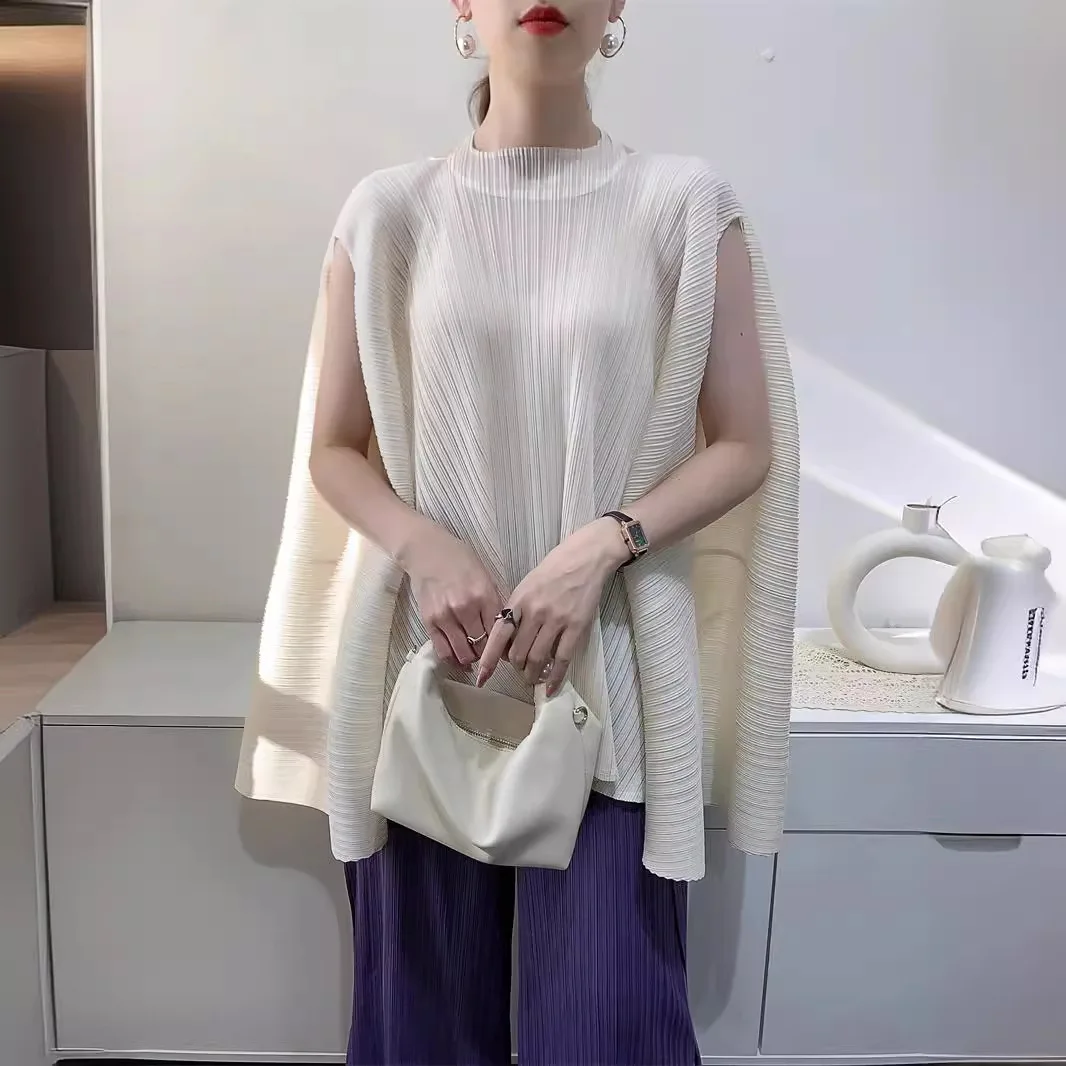 Miyake-Camiseta plisada de talla grande para mujer, Tops con diseño de nicho, camiseta holgada de manga corta plisada de gama alta para verano 2025
