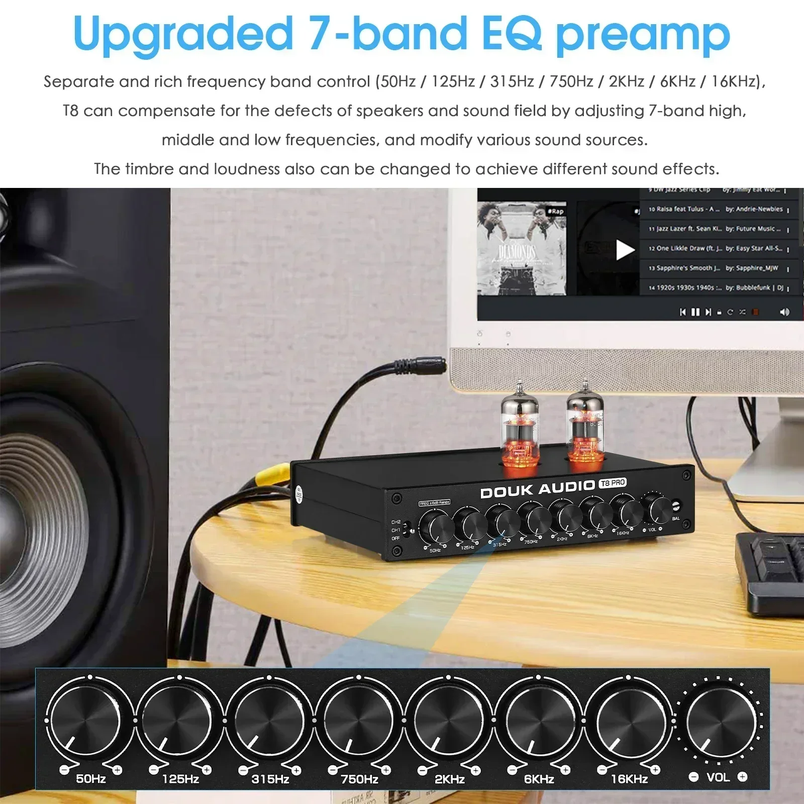 Douk Audio HiFi válvula tubo estéreo equilibrado XLR/RCA preamplificador EQ de 7 bandas ecualizador escritorio en casa amplificador de auriculares