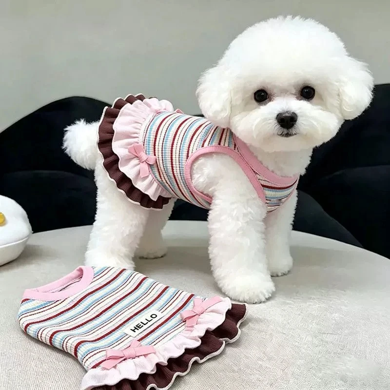 Vestido a Rayas para Perro con Lazo, Ropa para Mascotas con Volantes, Atuendo Transpirable de Verano para Perros Pequeños Bichón