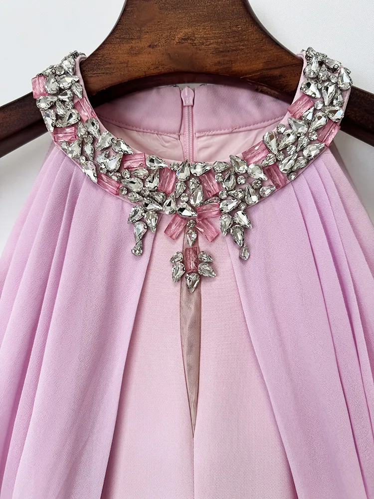 Vestido Largo de Fiesta para Mujer, Diseño 2026, Cuello Alto, Adornado con Cuentas y Diamantes, Chifón, Hombros Descubiertos, Mangas Largas, Alta Calidad
