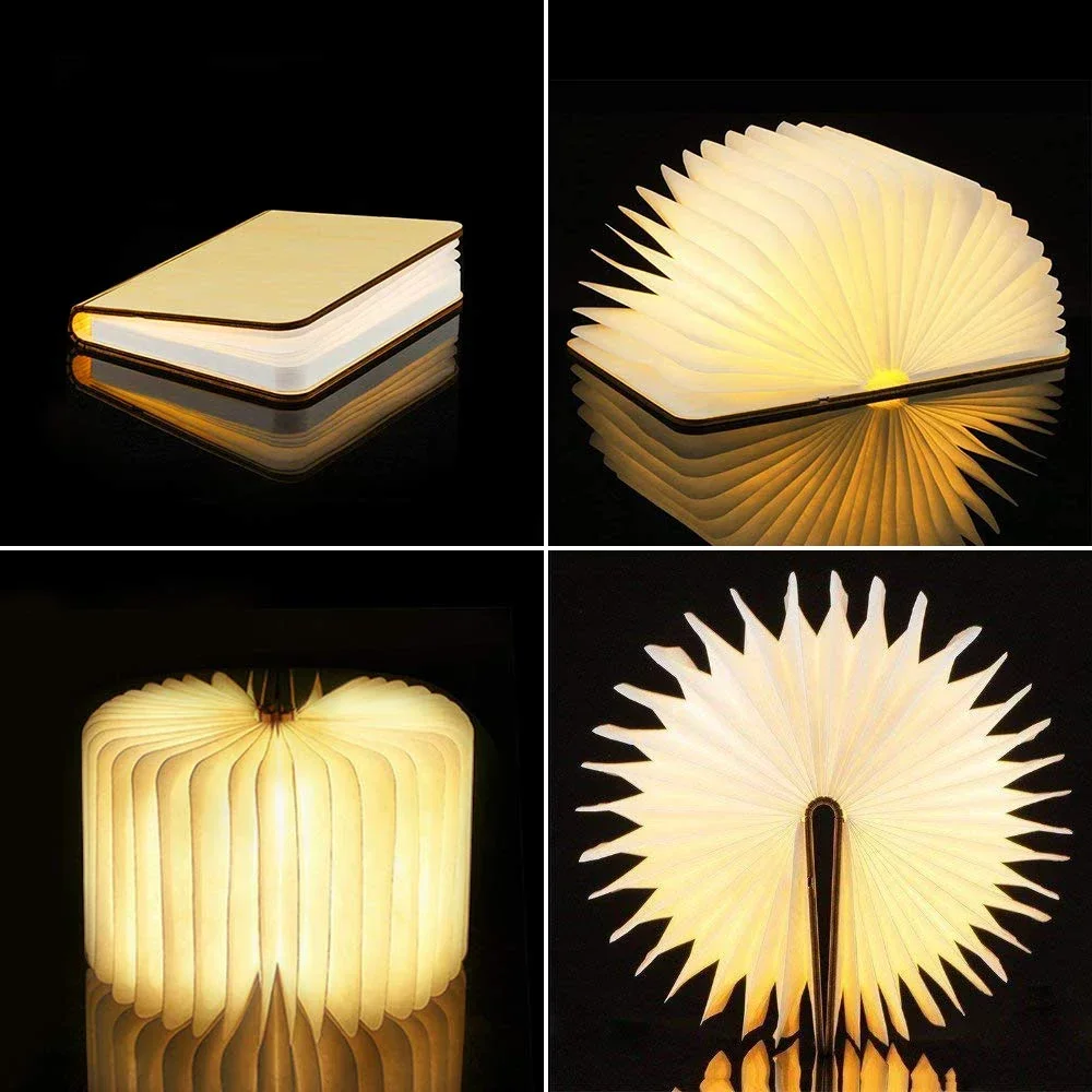 Luz LED nocturna de libro plegable de madera 3D, 3/5 colores de iluminación, 5V, recargable por USB, lámpara de mesa de escritorio magnética, decoración de cabecera de dormitorio