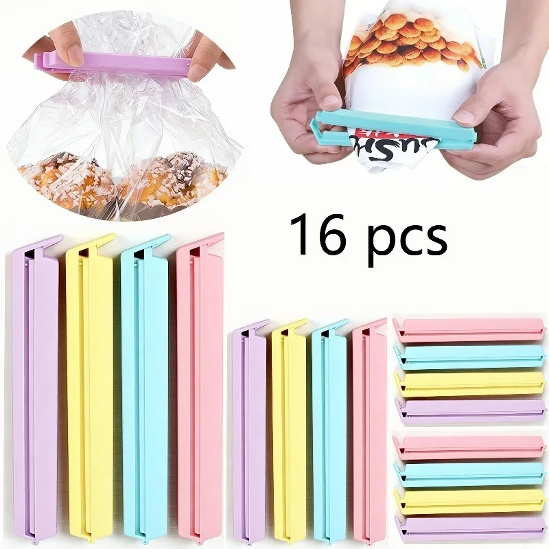 Juego de 16 Clips para Cerrar Bolsas de Alimentos en 3 Tamaños, Ideales para Guardar Alimentos y Bocadillos, Clips de Colores para Cerrar Bolsas para el Hogar