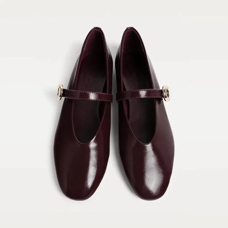 Zapatos planos de cuero PU para mujer, zapatos Mary Jane elegantes con correa y hebilla roja, mocasines informales poco profundos para primavera y otoño