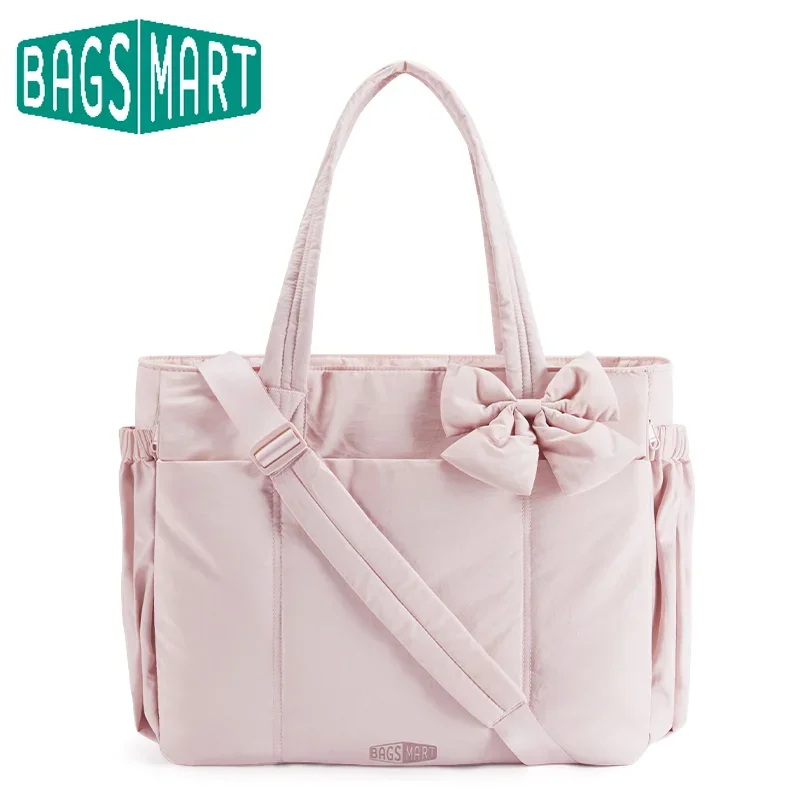 BAGSMART bolso de mano acolchado con lazo, bolsos de hombro acolchados informales para mujer, aptos para ordenador portátil de 15,6 pulgadas, bolsas de gimnasio para Yoga de gran capacidad