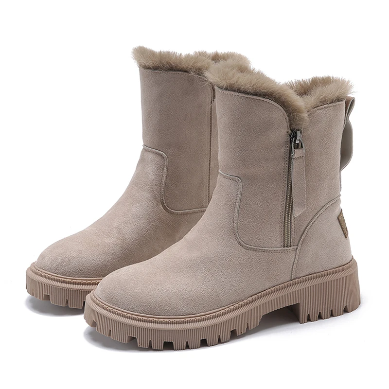Nuevas botas de nieve para Mujer, botas de plataforma de diseñador a la moda cálidas de invierno, zapatos planos de felpa cortos antideslizantes, zapatos de gamuza para Mujer