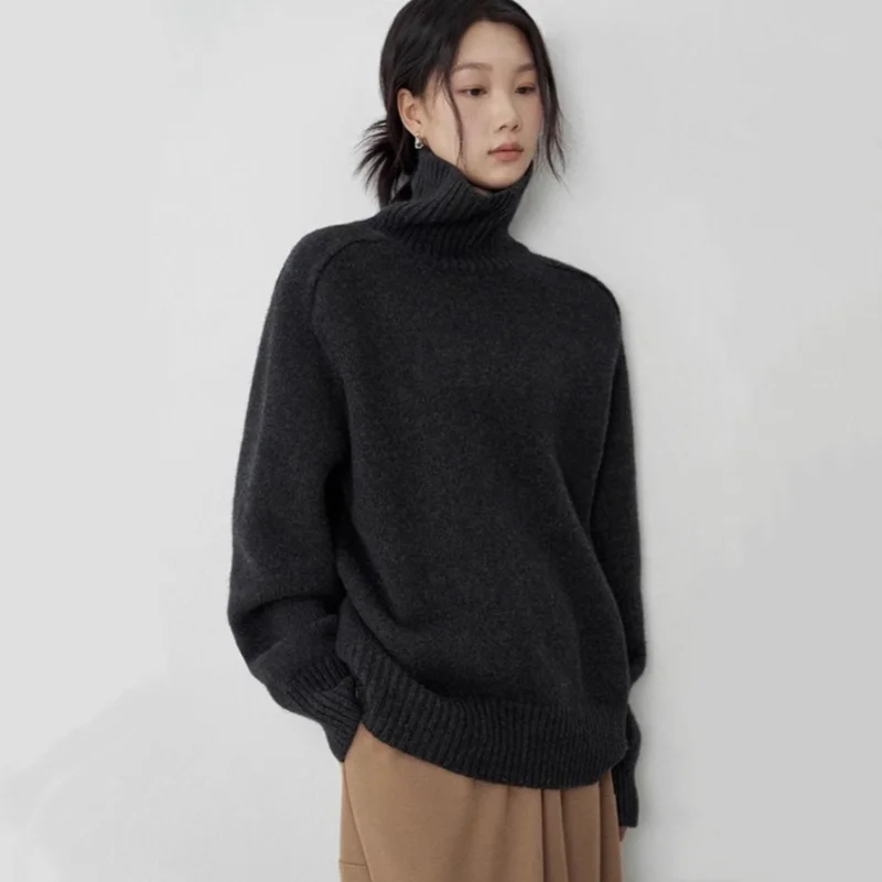 Suéter de lana de cuello alto para mujer, jersey de Cachemira holgado informal de manga larga, Top básico de moda de punto, jersey de calidad cálida de gran tamaño