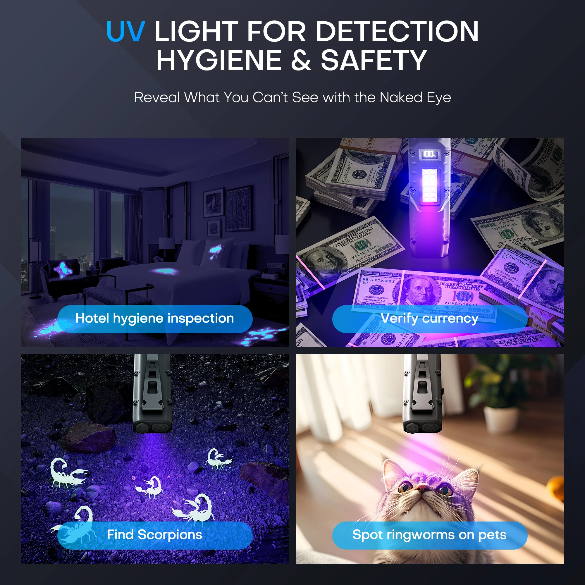 Linterna táctica recargable EDC, linterna LED de doble interruptor con pantalla Digital, 8 modos, Camping y uso de emergencia