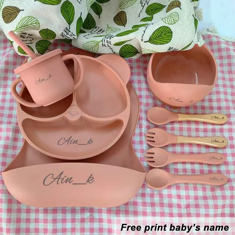 Vajilla de silicona para niños, juego de alimentación de bebé, plato de dibujos animados, nombre personalizado, taza con ventosa, plato, babero, regalo para recién nacido, 8 Uds./5 uds.