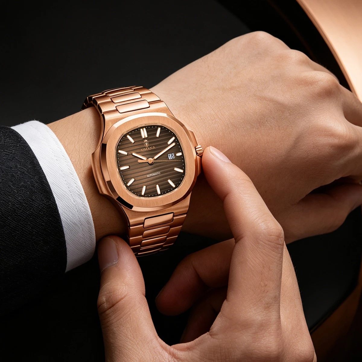 Reloj automático AIMANA de lujo para hombre, correa de acero inoxidable, resistente al agua, calendario luminoso con fecha, estilo Nautilus, color oro rosa, para negocios