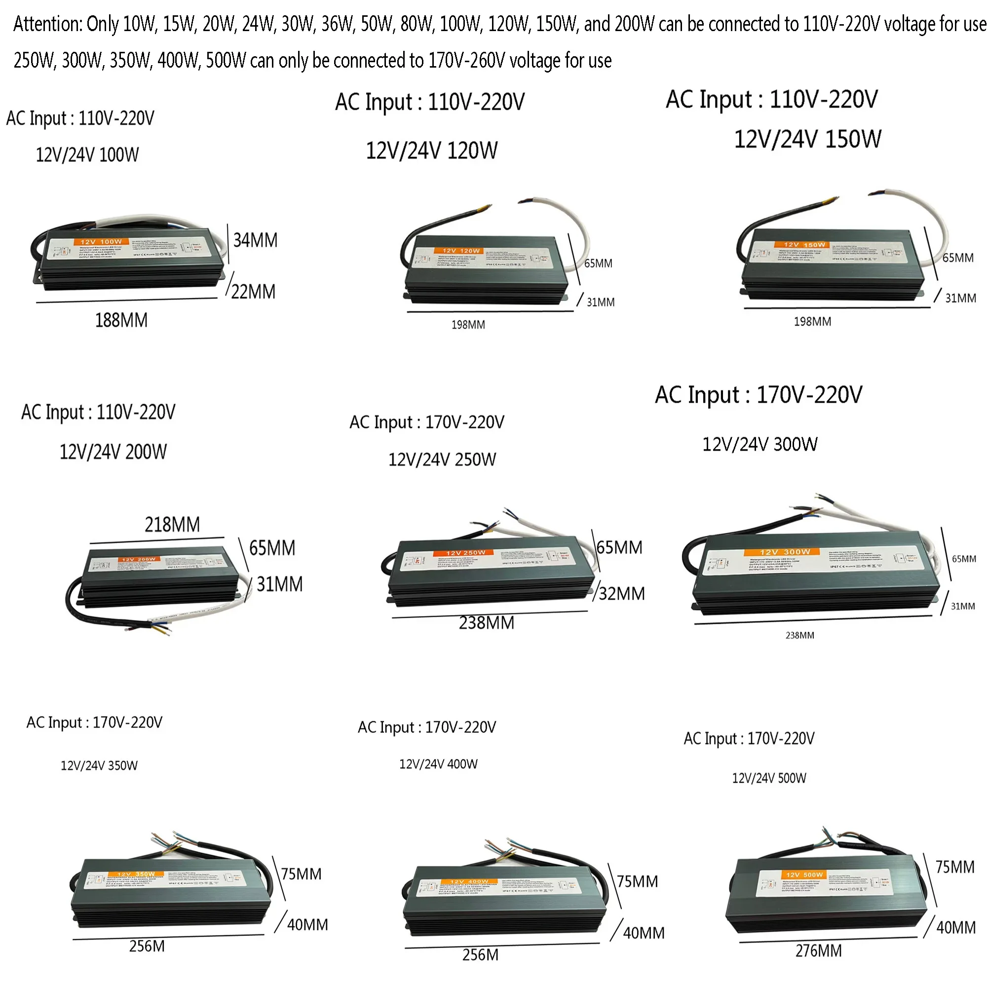 Fuente de alimentación impermeable para exteriores, transformador de iluminación IP67, AC110V~220V a DC 12V 24V, controlador LED de 10W 20W 50W 100W 400W, adaptador