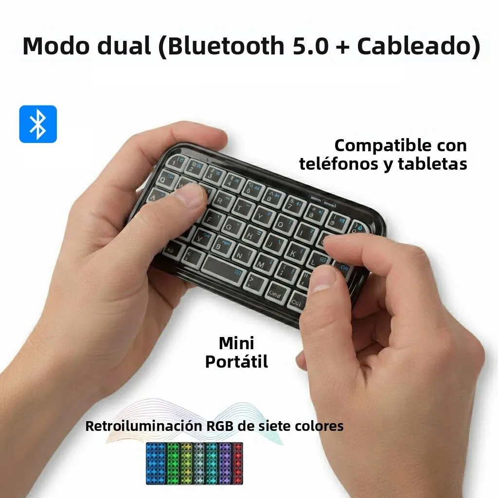Teclado RGB Retroiluminado de Modo Dual (Bluetooth + Cableado), Mini Recargable Tipo-C, Portátil de Bolsillo, 49 Teclas para Tablets y Smartphones