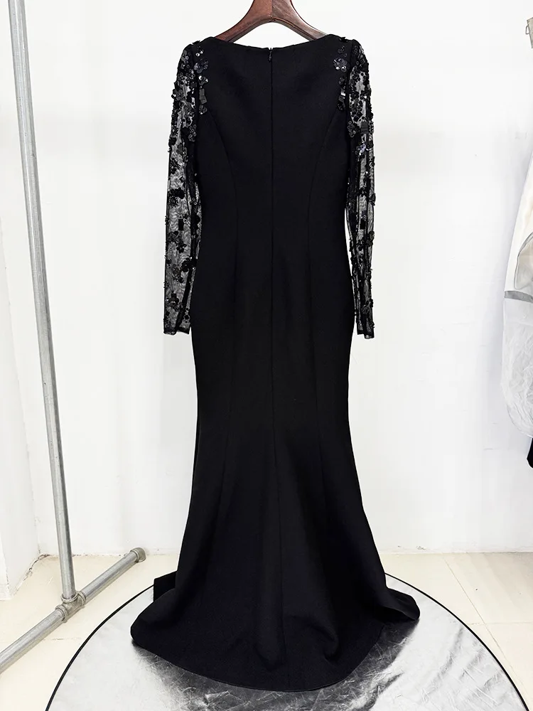 HIGH STREET Última Moda 2026 Vestido de Fiesta de Diseñador para Mujer, Vestido Largo Maxi de Manga Larga con Malla Empalmada y Diamantes con Cuentas