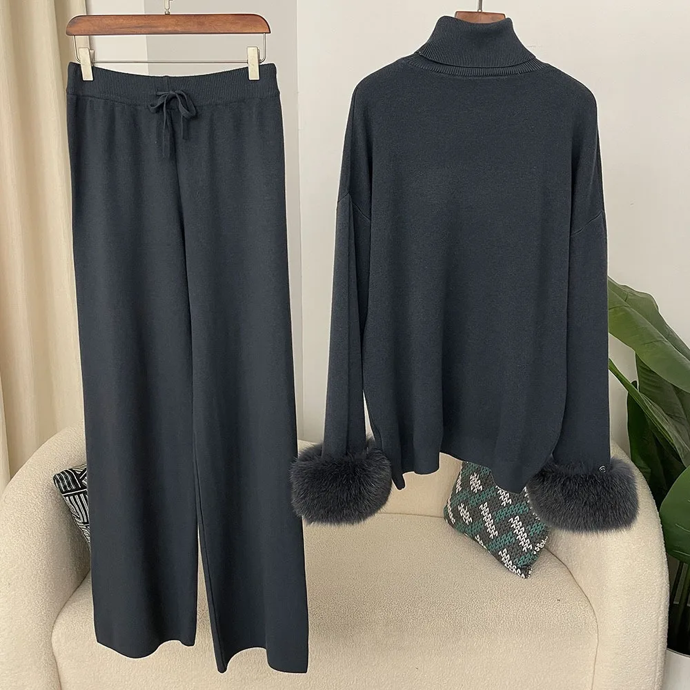 2024 nueva moda Otoño Invierno Natural piel de zorro Real puños abrigo tejido suéter mujeres pantalones largos conjunto chaqueta gruesa cálida