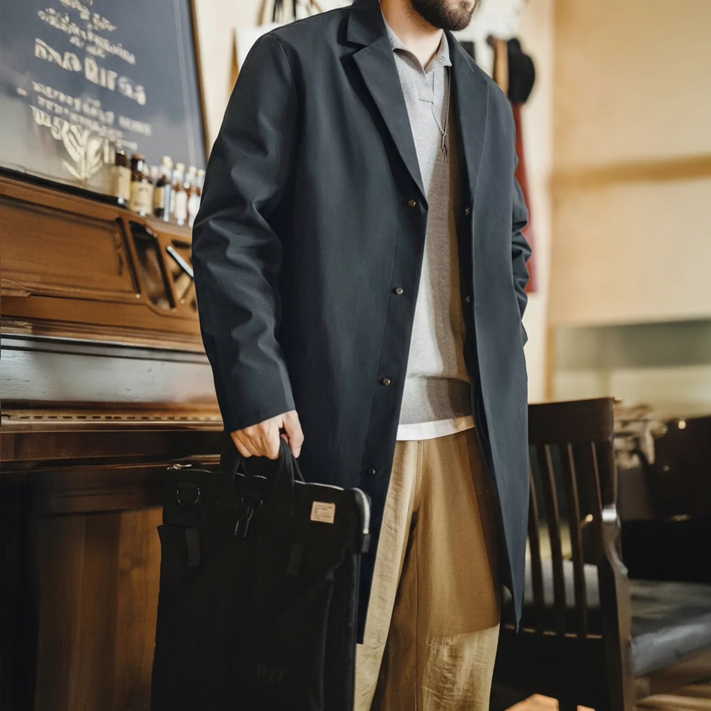 Maden Gabardina vintage para ir al trabajo para hombre, abrigo repelente al agua de longitud media, cortavientos con ventilación trasera y solapa azul para primavera y otoño