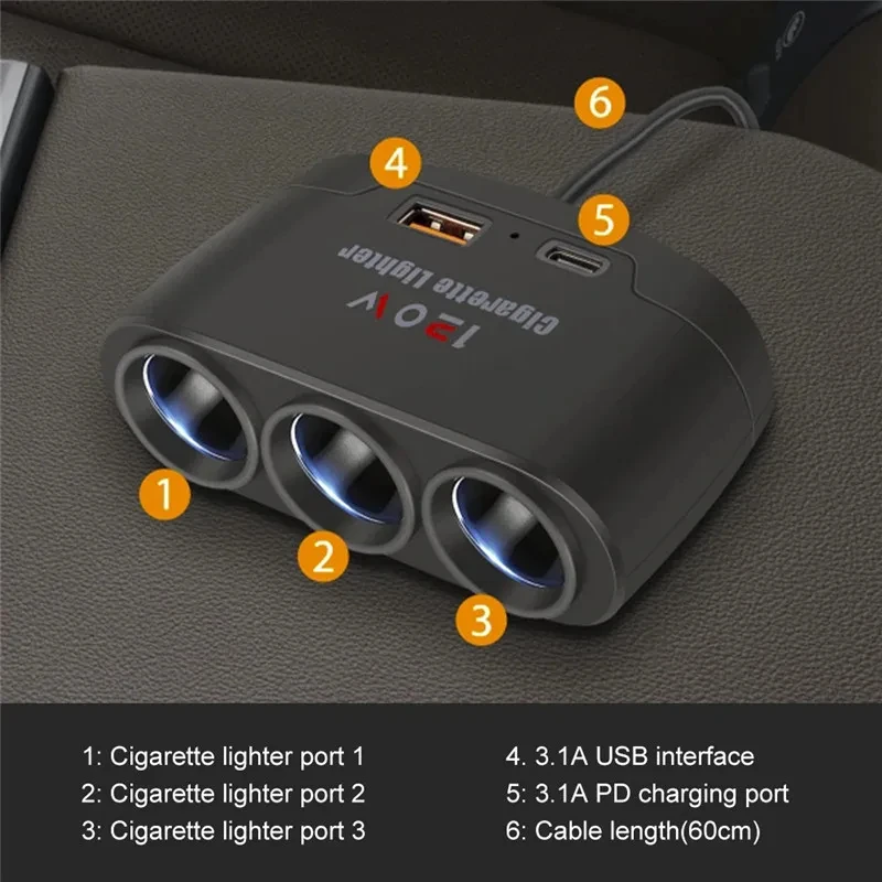 120W USB PD enchufe 3 en 1 divisor de encendedor de cigarrillos de coche 12V 24V enchufe de cargador rápido adaptador de corriente de teléfono para iPhone GPS Dashcam