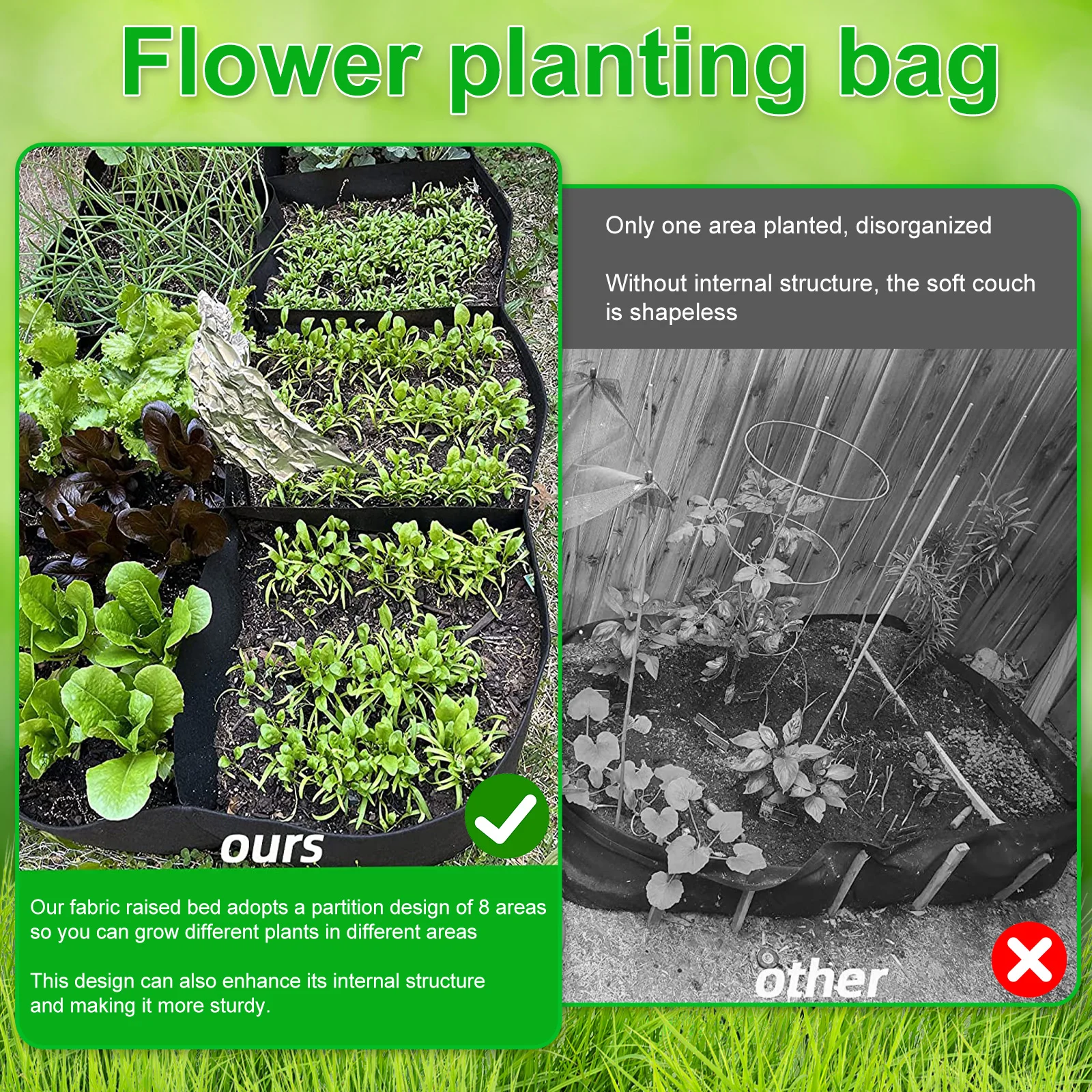 Bolsa para plantar jardín con 4/8 rejillas, contenedor de cama para plantar fresas, verduras y flores, grande, portátil y reutilizable