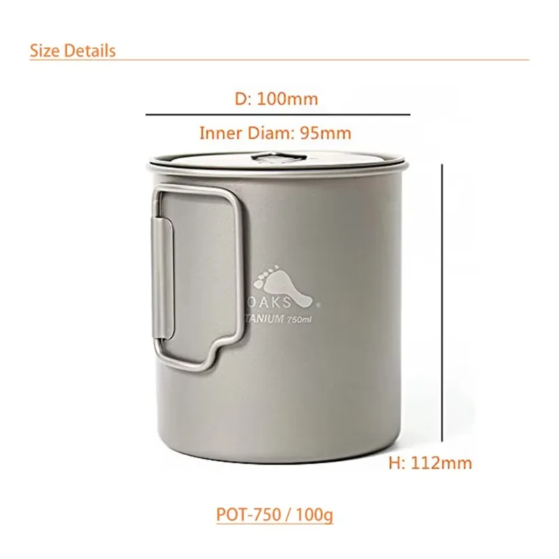 TOAKS Titanium Pot POT-750, taza ultraligera para exteriores con tapa y mango plegable, utensilios de cocina para acampar, 750ml, 103g