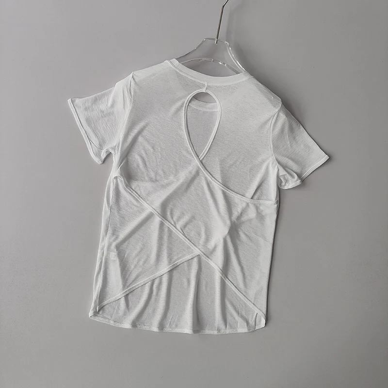 Ropa de Yoga para mujer, blusa de manga corta con Cruz hueca, malla fina, parte de atrás bonita, camisas exteriores, Top deportivo ajustado para Fitness